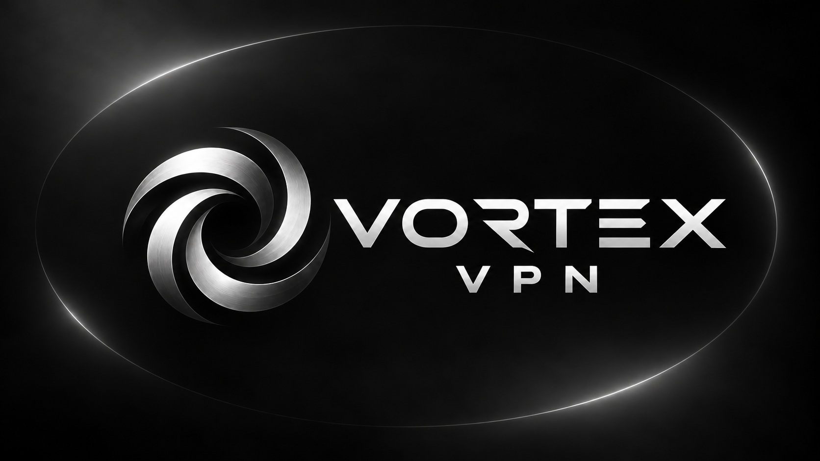 Серебристый вихрь и логотип Vortex VPN на чёрном фоне